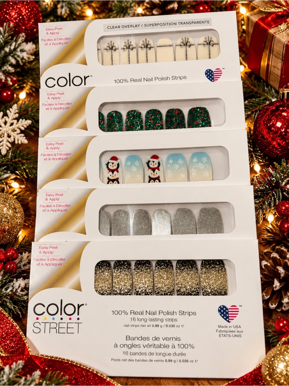 Color Street Holiday Nail Strips — Green Glitter, Silver, Gold & Red Accents